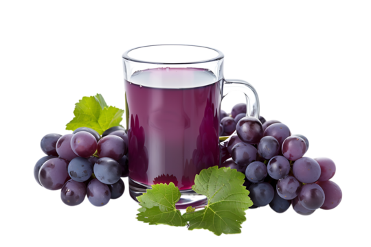 Refreshing glass of deep purple grape juice surrounded by ripe, juicy clusters and vibrant green leaves, perfect for healthy refreshment.