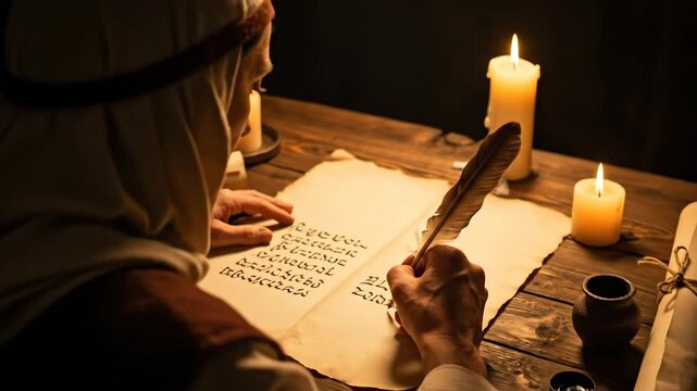 Ancient scribe man writing with quill on parchment by candlelight. Old manuscript creation in biblical era. - Powered by Adobe