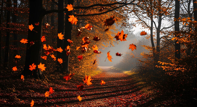 Autumn forest path with falling leaves and misty sunlight filtering through trees