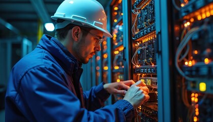 Man in hard hat fixes wires in server rack. Technician works with circuit boards in data center. Person adjusts network equipment, checks cables on computer hardware.