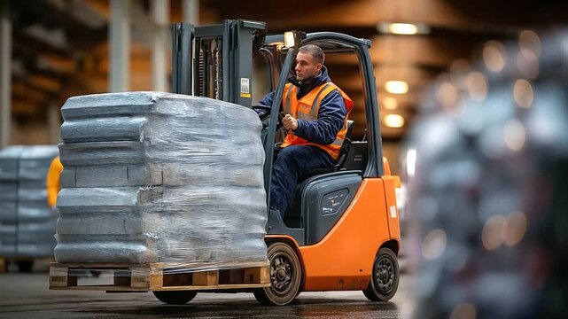 A warehouse worker operates a forklift loader hyper realistic pallet details with clear textures moody shadows in the warehouse bright saturation in cargo packaging forklift