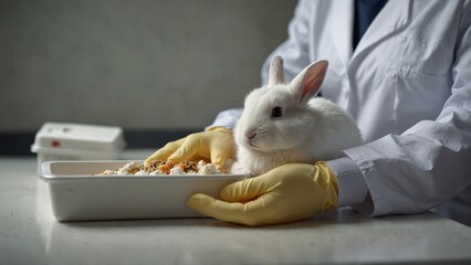 White lab rabbit examined by scientist in protective gloves