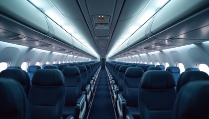 Empty airplane cabin interior with rows of dark blue passenger seats. The aisle leads towards the back. Overhead compartments are visible with soft interior lighting.