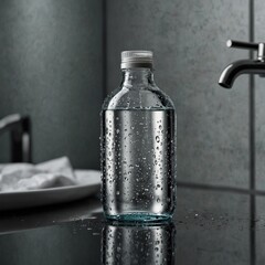 Clear water bottle with droplets in modern bathroom setting