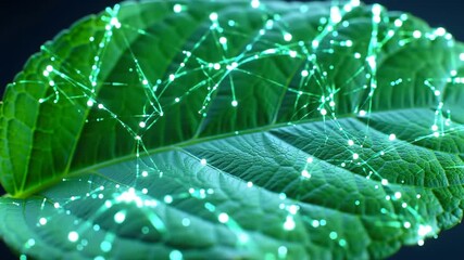 Closeup of a vibrant green leaf illuminated with a network of glowing light particles symbolizing digital connectivity biotechnology and the intricate systems of nature and data. - Powered by Adobe