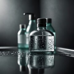Clear cosmetic bottles in dark minimalist style with water drops