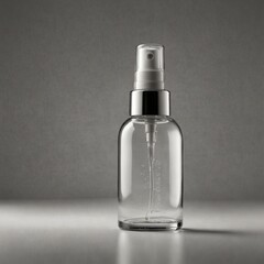 Clear glass spray bottle in minimal gray studio lighting