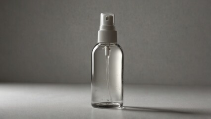 Empty transparent spray bottle on gray background
