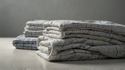 Folded patterned bed sheets in neutral colors on light surface
