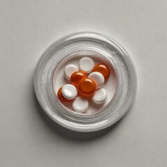 Round white and orange pills in small glass container top view