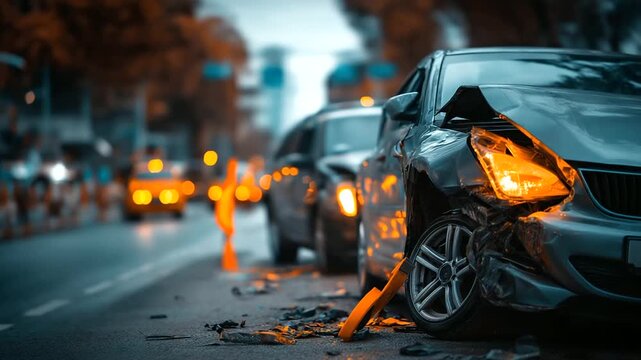 A car crash scene on a city street hyper realistic damaged vehicles with vivid textures moody shadows on the pavement bright saturation in warning signs car accident vehicle