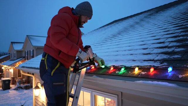 Man Installing Christmas Lights on Roof - A man in a red jacket and gray beanie stands on a ladder, attaching Christmas lights to the snow-covered roof of a house with a staple gun.