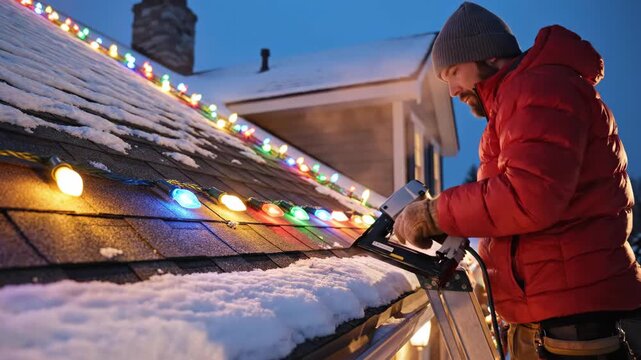 Installing Christmas Lights in Winter - A man in winter clothing staples Christmas lights to the snow-covered roof of a house. He is using a staple gun, and standing on a ladder.