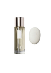 Elegant clear glass facial serum bottle, metallic cap, minimalist label, smooth light river stone, isolated on seamless transparent background, natural elegance concept