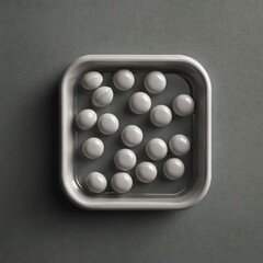 White round pills in square plastic tray on dark background