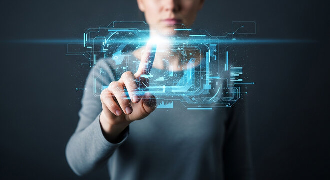 Futuristic technology interface with a hand interacting with a digital hologram