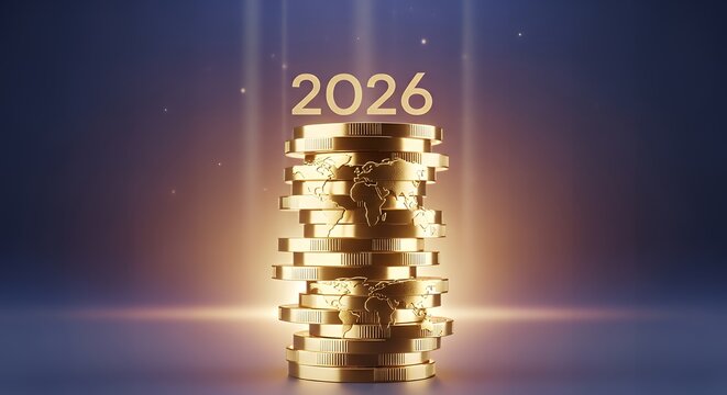 Golden coins stack with world map and 2026 year symbolizing global finance growth