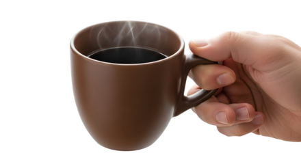 Hand holding a brown ceramic mug filled with dark coffee isolated on transparent background