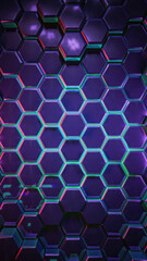 Dynamic dark background with glowing purple and blue hexagonal grid patterns, creating a futuristic cyberpunk aesthetic.