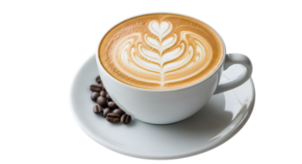 Delicious hot latte coffee with art in a white cup on a saucer with coffee beans isolated on transparent background