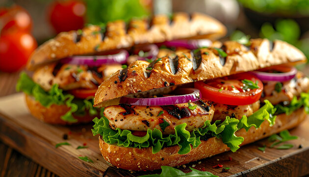 Gourmet grilled chicken sandwiches with fresh lettuce, juicy tomatoes and red onions on baguette