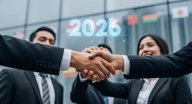 Diverse business professionals achieve global partnership success, celebrating future growth in 2026
