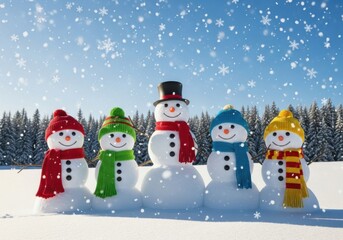 Five cheerful snowmen dressed in winter hats and scarves stand in a snowy forest