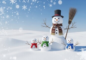 Happy snowman family in a winter wonderland with falling snow