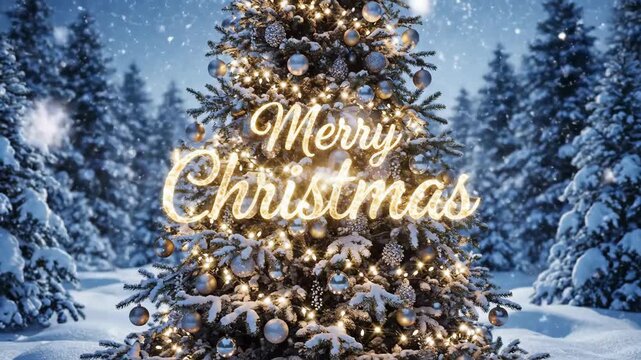 Decorated Christmas Tree in Snowy Forest - A festive Christmas tree stands adorned with lights and ornaments in a snow-covered forest.