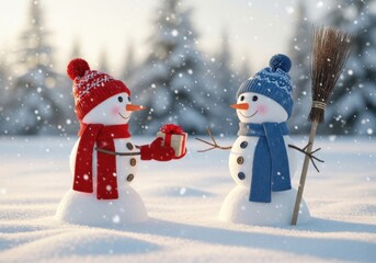 Two adorable snowmen sharing a gift in a winter wonderland