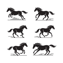 Set of running horse silhouettes animation frames isolated on white background.