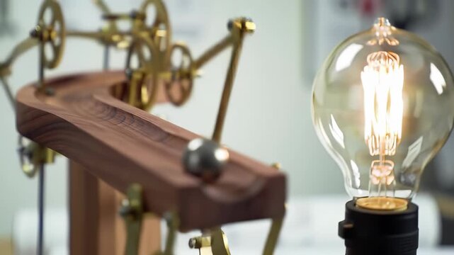 Perpetual Motion Machine ? an intricate kinetic sculpture of brass gears, wooden track, and a rolling metal ball, showcasing innovation alongside a vintage Edison bulb.