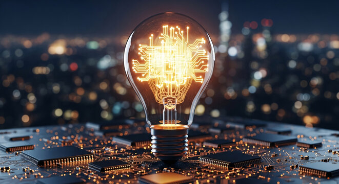 Glowing light bulb with intricate circuitry on a motherboard with a bokeh city background