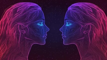 Neon Reflections: Two Female Figures Staring Intensely Into Each Other's Eyes