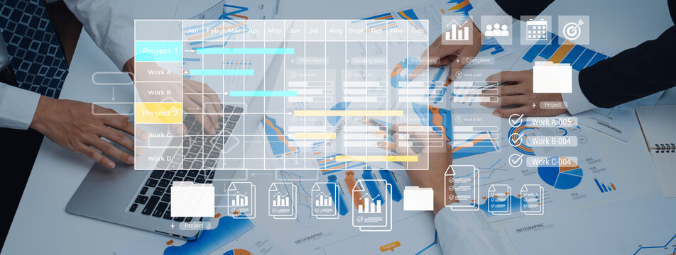 Digital visualization of multiple project timelines with progress tracking, documents, and team collaboration symbols Parse