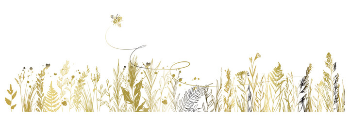 Golden Meadow Botanical Line Art &ndash; Luxury gold line art meadow with grasses and ferns in delicate botanical vector style.