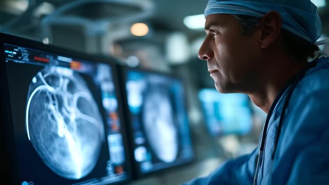 A radiologist performs a catheter based procedure with X ray imaging hyper realistic imaging screens with vivid details moody shadows in the surgical suite bright saturation