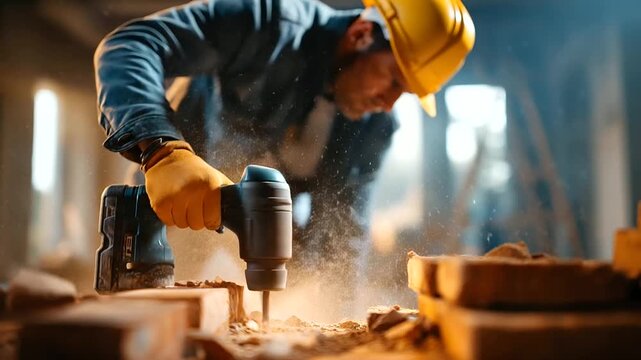 A worker demolishes an interior wall with a hammer hyper realistic debris with vivid textures moody shadows on the wall bright saturation in demolition tools wall demolition
