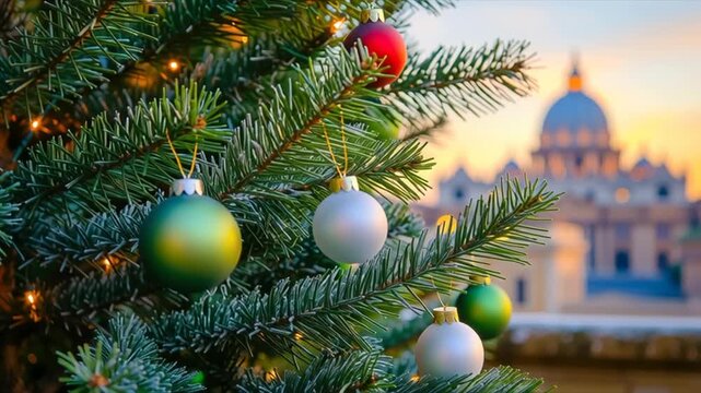 Festive Christmas tree with  red, green, and white baubles set in front of Rome city skyline at golden hour