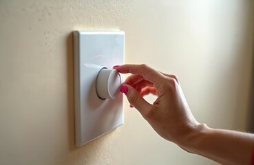Close up of a woman hand turning white light dimmer switch on wall. Adjusting light intensity to save energy. Dimmer used in residential building controls brightness level.