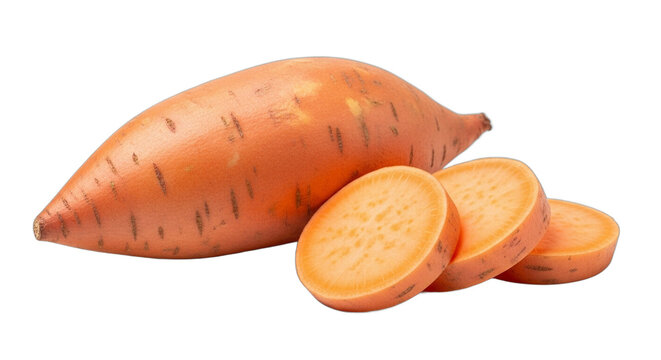 Whole raw sweet potato with several round slices isolated on a transparent background png.