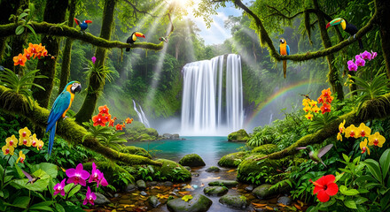Fototapeta premium Tropical rainforest waterfall paradise jungle birds flowers vibrant nature scenic beauty tranquil scene