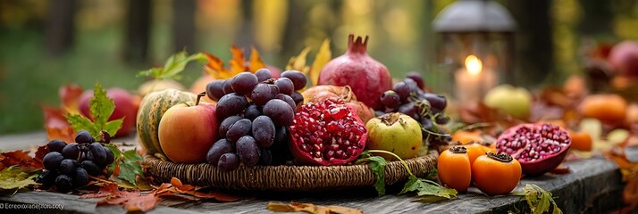 Vibrant autumn fruits on a rustic table in a forest setting.