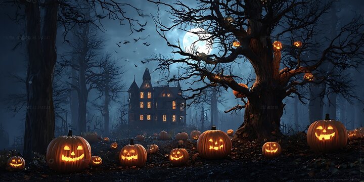 3D-rendered Halloween background featuring pumpkins and a haunted house. Dark, eerie forest setting with a sinister pumpkin. Perfect for a spooky Halloween night or holiday event banner concept.