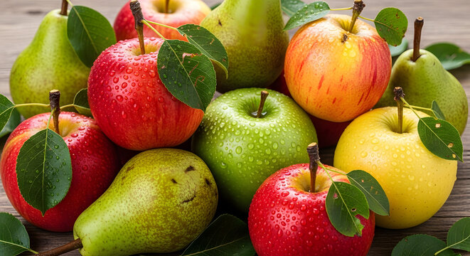 Fresh apples and pears colorful assortment delicious fruit healthy food still life vitamins diet closeup view