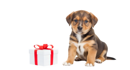 A charming puppy isolated on transparent background sits attentively beside a gift box wrapped with a red ribbon, creating a heartwarming scene of companionship and festive anticipation