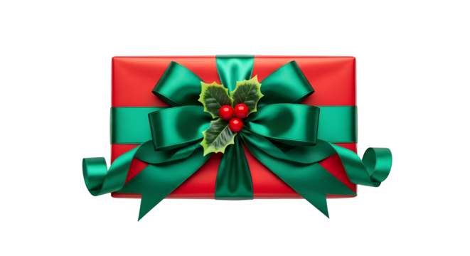 Beautifully wrapped red gift box with a large green ribbon and holly berry embellishment, isolated on transparent background this elegant present is perfect for any special occasion