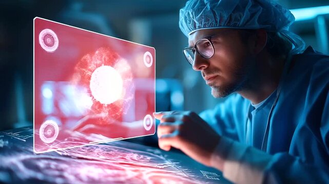A radiologist performs a catheter based procedure with X ray visualization hyper realistic imaging screens with vivid details moody shadows in the surgical suite bright