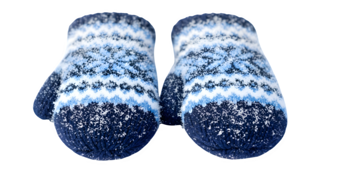 Pair of blue knitted mittens with a snowflake pattern, dusted with snow, isolated on transparent background these cozy winter accessories are perfect for keeping hands warm in cold weather