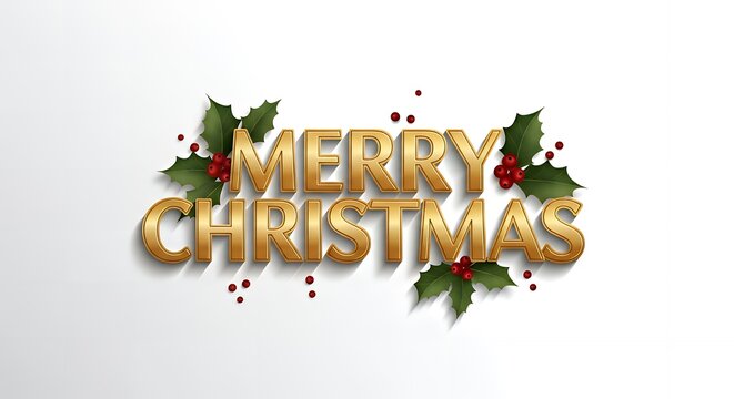 Elegant golden "Merry Christmas" text with festive holly and berries, perfect for holiday greetings - Powered by Adobe